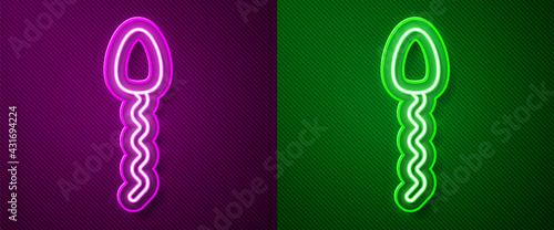 Glowing neon line Sperm icon isolated on purple and green background. Vector