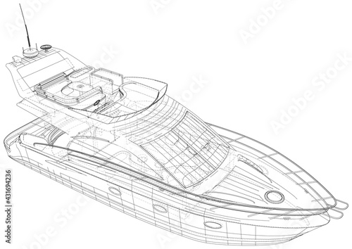 Outline drawing Luxury Yacht. Vector rendering of 3d. The layers of visible and invisible lines are separated. Wire-frame.