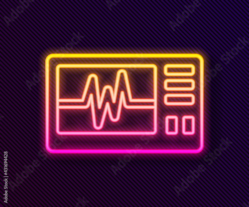 Glowing neon line Computer monitor with cardiogram icon isolated on black background. Monitoring icon. ECG monitor with heart beat hand drawn. Vector