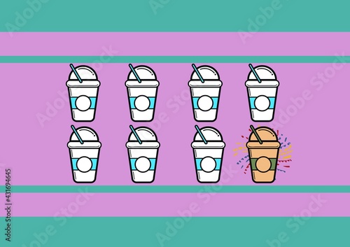 Illustration of eight takeaway drinks on loyalty card on green and purple stripes in background