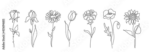 Flowers vector set illustration in simple minimal continuous outline line style. Nature blossom art for floral botanical logo design. Isolated on white background