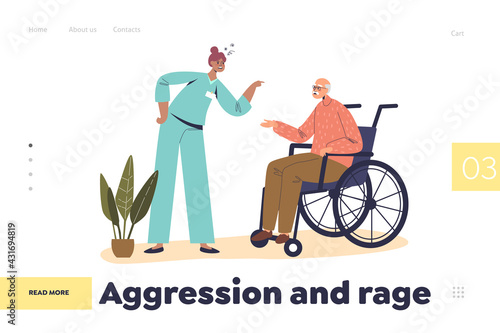 Aggression and rage in hospital concept of landing page with medical nurse screaming at old man