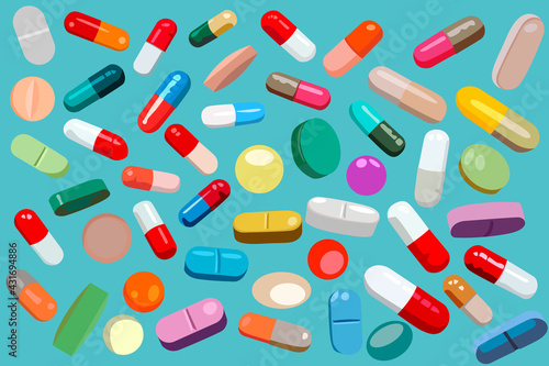 Wallpaper on a medical theme in the form of many pills and pills on a turquoise background.