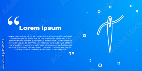 White line Needle for sewing with thread icon isolated on blue background. Tailor symbol. Textile sew up craft sign. Embroidery tool. Vector