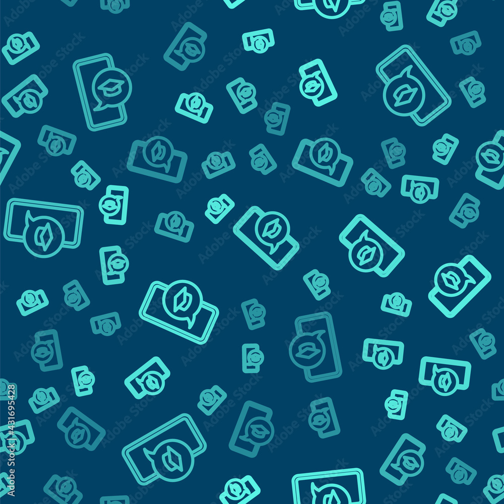 Green line Graduation cap on screen smartphone icon isolated seamless pattern on blue background. Online learning or e-learning concept. Vector Green line Graduation cap on screen smartphone icon isolated seamless pattern on blue background. Online learning or e-learning concept. Vector