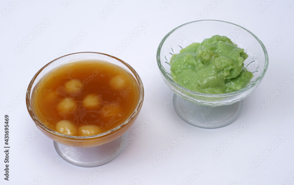 Indonesian rice pudding as a dessert or takjil during the ramadan, it taste sweet, made from rice flour and brown sugar Indonesian rice pudding as a dessert or takjil during the ramadan, it taste sweet, made from rice flour and brown sugar