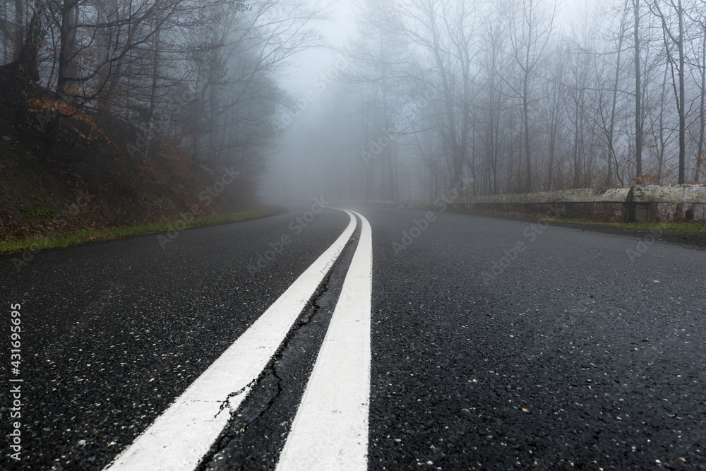 Fototapeta premium A lonely foggy asphalt road cutting through mystery forest