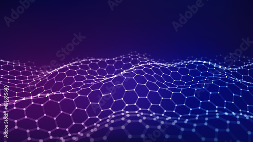 Abstract hexagon wave with moving dots and lines. Flow of particles. Cyber technology illustration. Vector illustration. © estar 2020