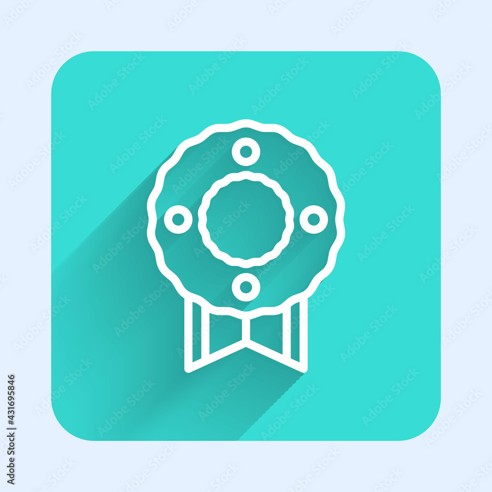 Obraz premium White line Memorial wreath icon isolated with long shadow. Funeral ceremony. Green square button. Vector