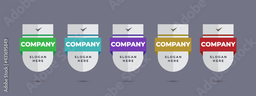 Shield logo badge design template for business company or corporate. Product certification icon, sign, banner with ribbon. Vector illustration.