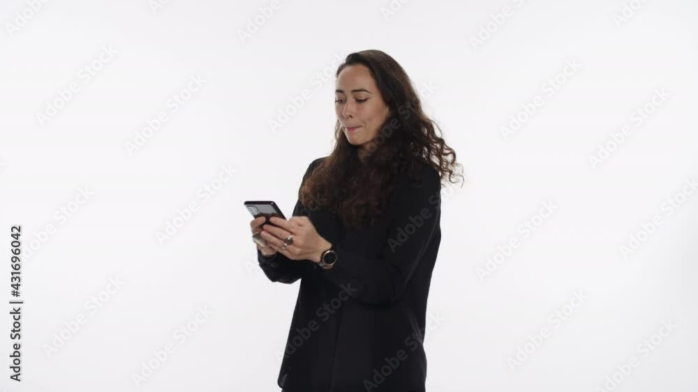 Beautiful young woman smiles for a selfie on white background Beautiful young woman smiles for a selfie on white background