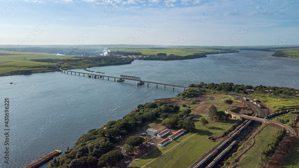 Aerial capture of the tietê river - Intermodal waterway port.