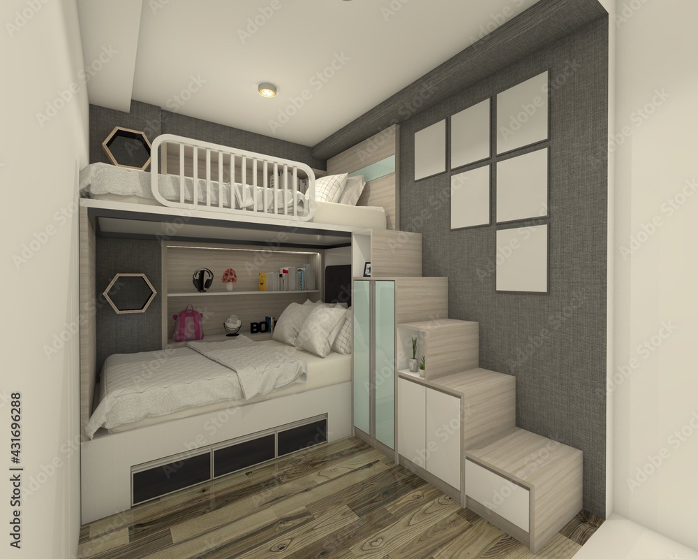 Kids bedroom design using parquet flooring with staircase storage ...