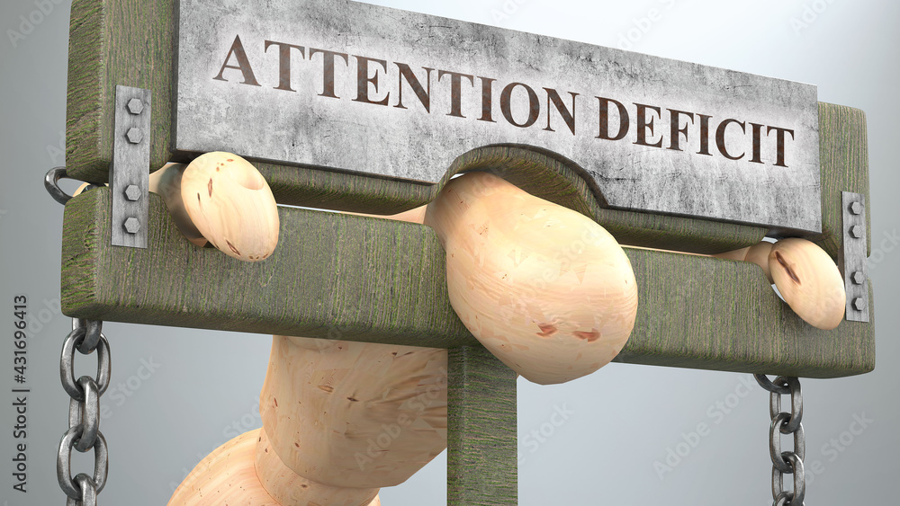 Attention deficit  that affect and destroy human life - symbolized by a figure in pillory to show Attention deficit 's effect and how bad, limiting and negative impact it has, 3d illustration - obrazy, fototapety, plakaty 