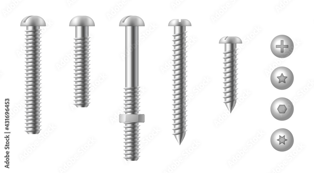 Realistic set of stainless steel bolts, nails and screws on white. Top and side view of hardware Realistic set of stainless steel bolts, nails and screws on white. Top and side view of hardware