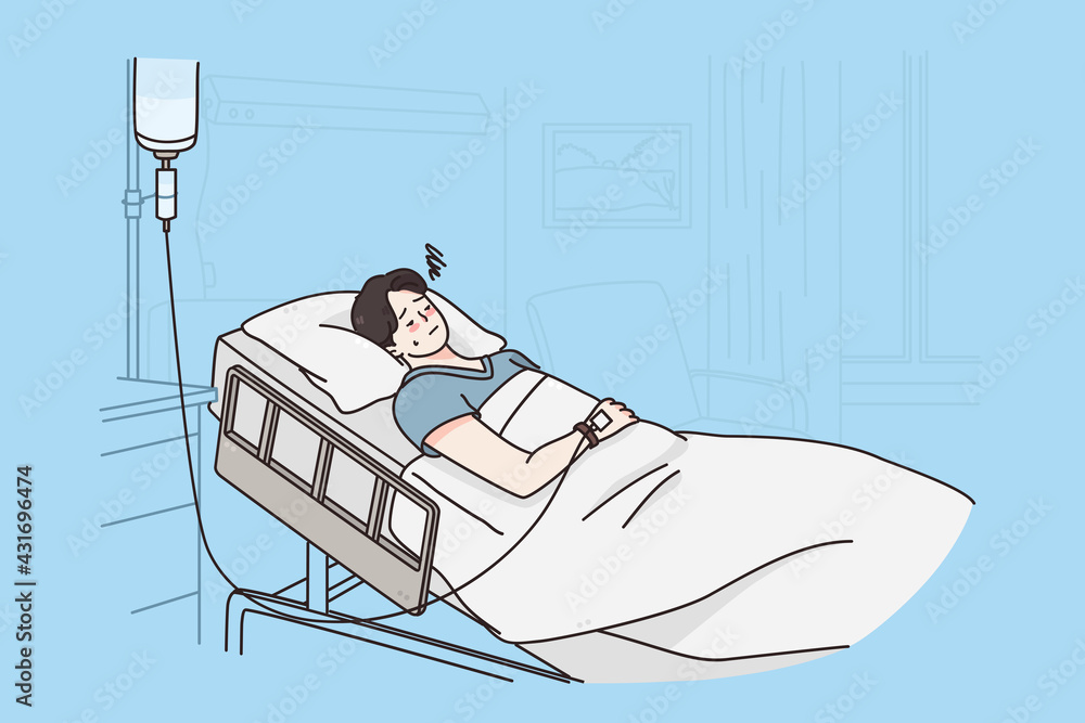 Healthcare and medicine concept. Sick sad unhappy young man cartoon  character attached to intravenous drip lying on bed in hospital room feeling  depressed vector illustration Stock Vector | Adobe Stock