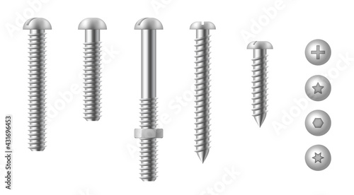 Realistic set of stainless steel bolts, nails and screws on white. Top and side view of hardware