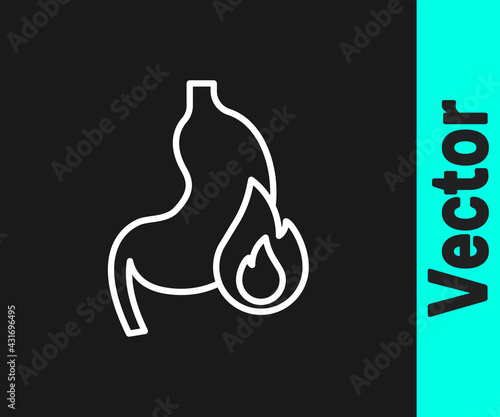 White line Stomach heartburn icon isolated on black background. Stomach burn. Gastritis and acid reflux, indigestion and stomach pain problems. Vector