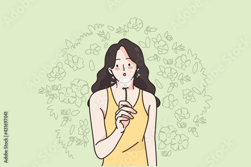 Woman and nature on summer concept. Young positive female cartoon character in summer clothes standing and blowing dandelion flower in park vector illustration 