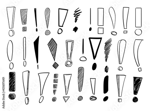 Exclamation Mark or Point Set, Sketchy Cartoon Hand Drawing, Symbol of Warning