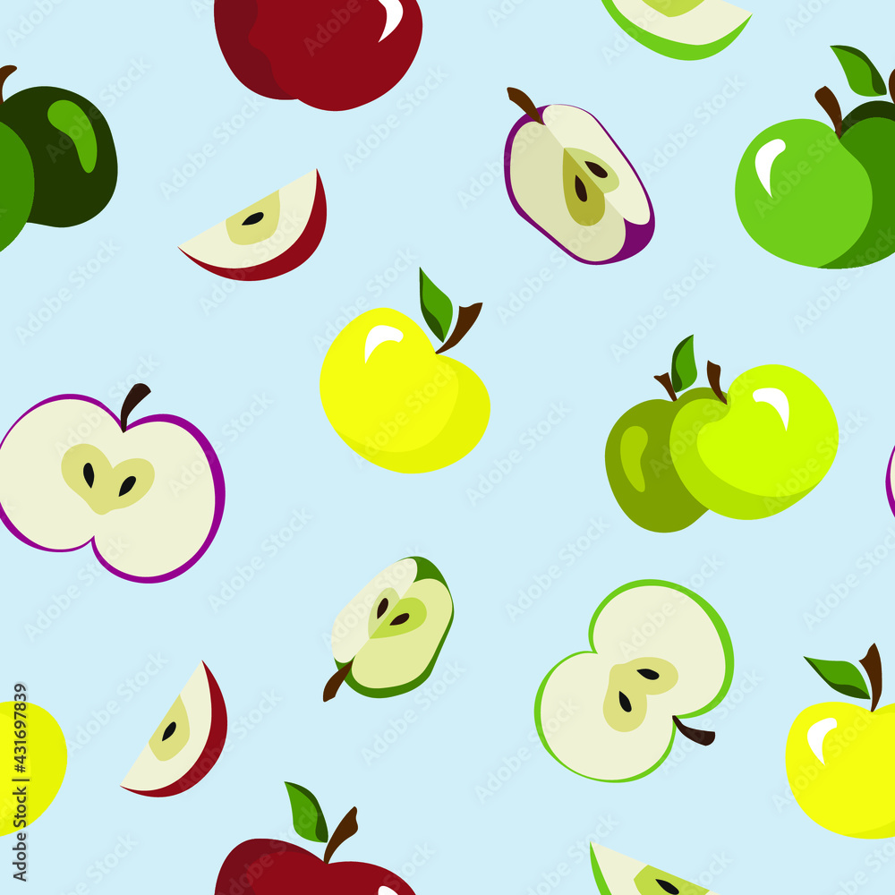 Juicy apples seamless pattern, a collection of colorful apples, apple slices, summer fruits repeat pattern on light blue background, apple delight, healthy fresh food, childish illustration style Juicy apples seamless pattern, a collection of colorful apples, apple slices, summer fruits repeat pattern on light blue background, apple delight, healthy fresh food, childish illustration style