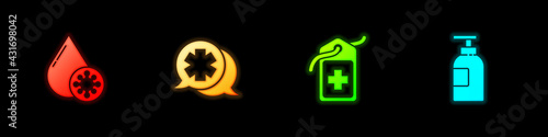 Set Blood test and virus, Dialogue with the doctor, Cross hospital medical tag and Hand sanitizer bottle icon. Vector