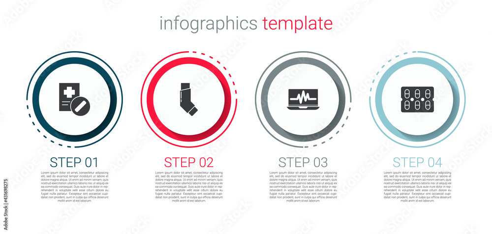 Set Medical prescription, Inhaler, Laptop with cardiogram and Pills in blister pack. Business infographic template. Vector