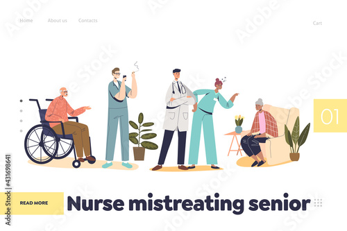 Nurse mistreating senior patient concept of landing page with medical worker screaming on old woman
