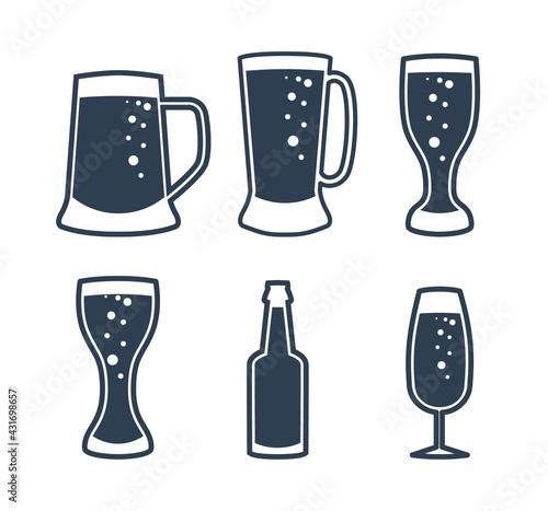 Beer logo set. Glass mugs and bottles thin line icons. Vector drink items for bar cafe