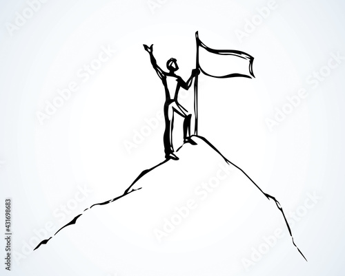 The man put the flag on the top of the mountain. Vector drawing