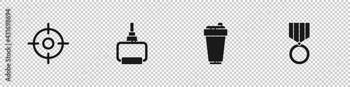 Set Target sport, TPX loop training equipment, Fitness shaker and Medal icon. Vector