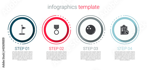 Set Golf flag, Medal, Bowling ball and Checklist clipboard and tennis. Business infographic template. Vector