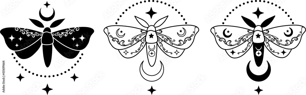 Mystic Moon moth modern abstract art print. Moon Moth, stars, Luna phases. Boho style. Sacred symbol. Isolated elements. Magic mystic esoteric minimalist concept logo tattoo - obrazy, fototapety, plakaty 