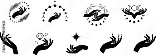 Witch hands and moon phases. Set of elegant female hands. Collection of different hand and crescent moon. Logo for cosmetics, jewelry, beauty products, spa, manicure. Hand drawn boho vector