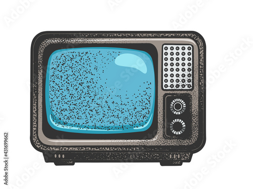 Old TV set color sketch engraving vector illustration. T-shirt apparel print design. Scratch board imitation. Black and white hand drawn image.