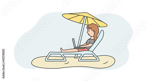 Illustration On White And Blue Background. Linear Vector Composition With Outline Objects And Character. Woman Lying On Lounge Desk Chair Under Beach Umbrella With Laptop. Remote Working Concepts