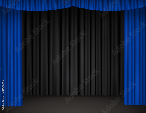 Theater stage with open blue curtains and black drapes on background. Vector realistic illustration of empty scene of theatre, opera, cinema or circus with velvet drapery