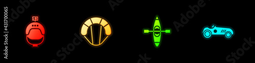 Set Helmet and action camera, Parachute, Kayak or canoe and Vintage sport racing car icon. Vector