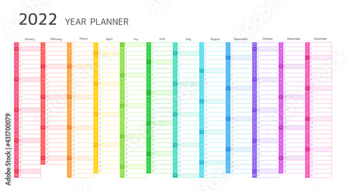 Year planner, 2022 calendar with monthly vertical grid. Template planner for schedule, events and holidays. Vector business organizer, calender grid in rainbow colors