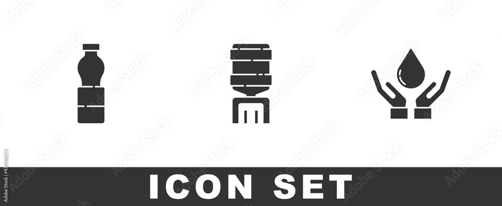 Fototapeta premium Set Bottle of water, Water cooler and Washing hands with soap icon. Vector