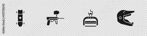 Set Longboard or skateboard, Paintball gun, Ski lift and Motocross motorcycle helmet icon. Vector