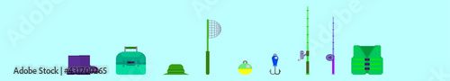 set of fishing tackle cartoon icon design template with various models. vector illustration isolated on blue background
