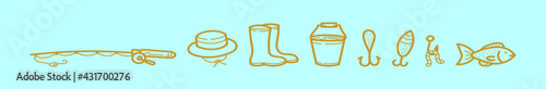 set of fishing tackle cartoon icon design template with various models. vector illustration isolated on blue background