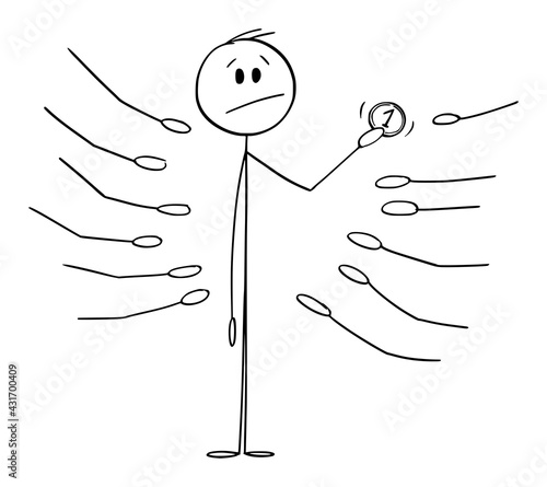 Man Holding Coin, Outstretched Palms or Hands Asking for Money , Vector Cartoon Stick Figure Illustration