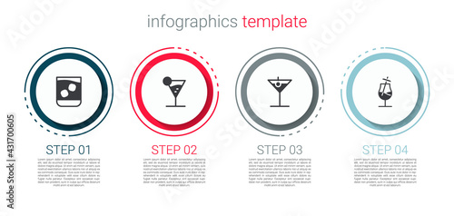 Set Glass of whiskey, Martini glass, and Cocktail. Business infographic template. Vector