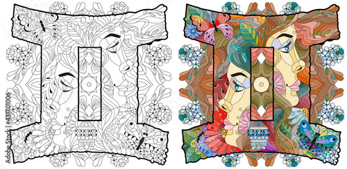 Gemini zodiac sign with mandala Cute cartoon character retro zentangle stylized in vector
