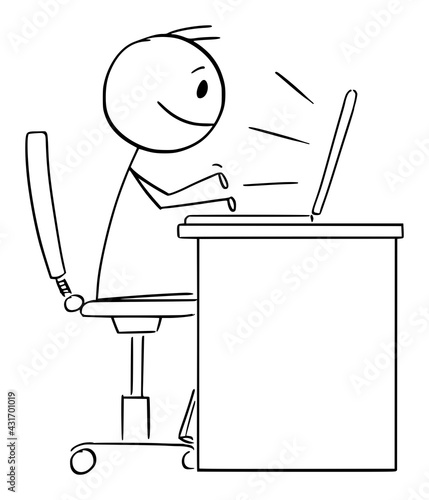 Person or Office Worker Working or Typing on Computer, Vector Cartoon Stick Figure Illustration