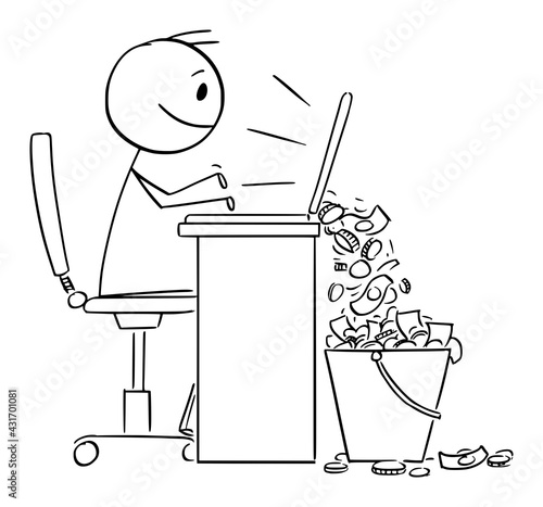 Person or Businessman Doing Business on Computer And Earning Money Online, Vector Cartoon Stick Figure Illustration