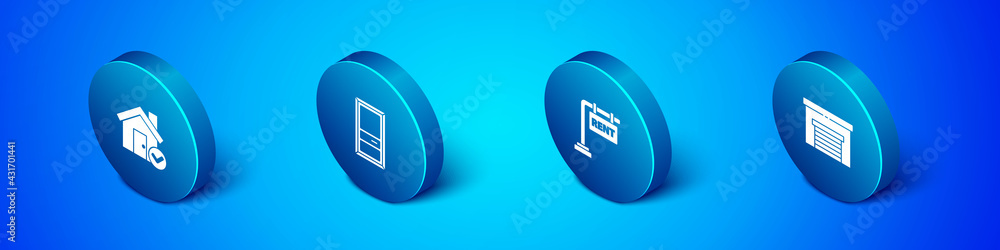 Set Isometric House with check mark, Hanging sign Rent, Garage and Closed door icon. Vector Set Isometric House with check mark, Hanging sign Rent, Garage and Closed door icon. Vector