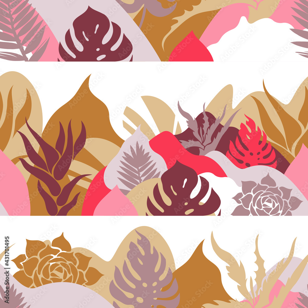 Seamless pattern. A print with a hilly landscape in which palm trees, cacti and succulents grow. Botanical tropical garden. Environmental protection. Vector illustration.